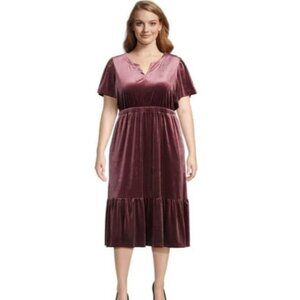 Terra and Sky Women's Plus Size Flutter Sleeve Y-Neck Velvet Dress with Elastic